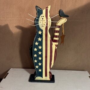 Patriotic Wooden Cat Figurine with Bird